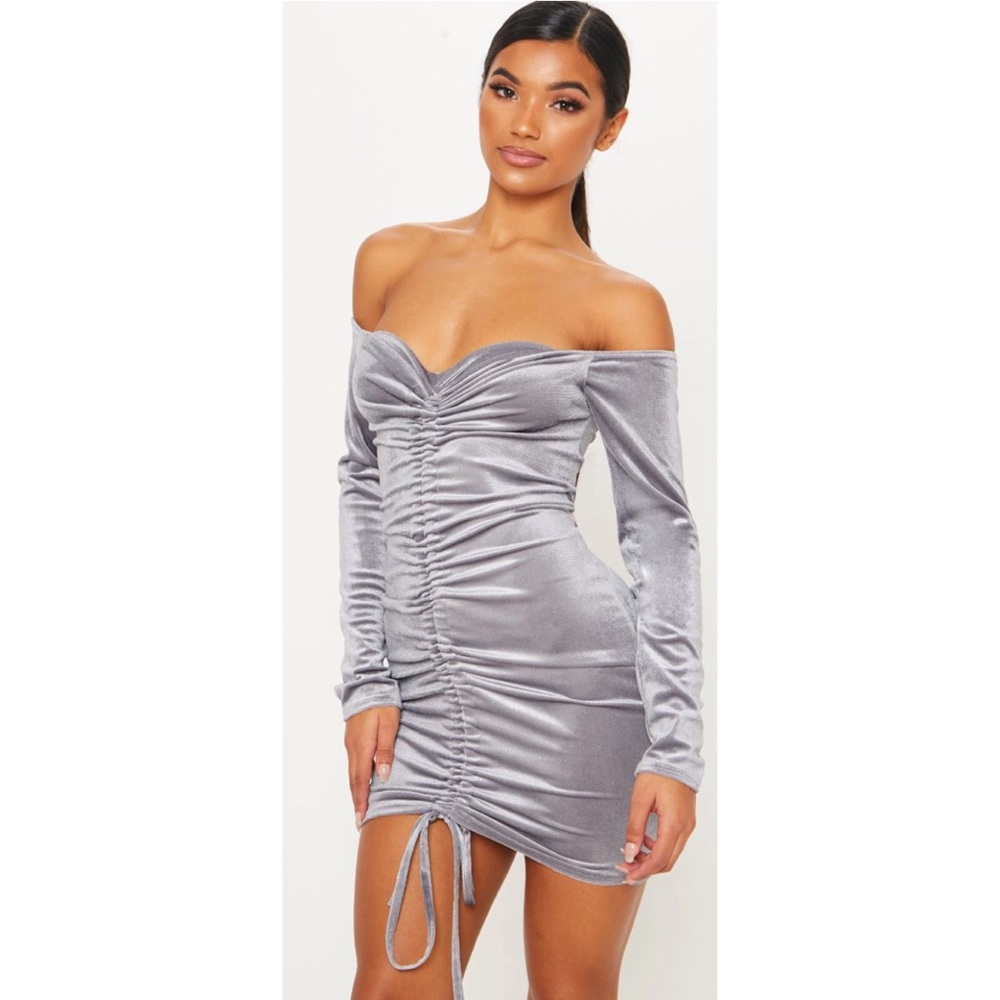 Grey Velvet Bardot LongSleeve Ruched Bodycon Dress